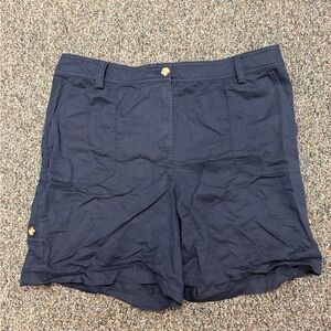 Talbots Shorts Women’s Navy Blue Button Roll Tab Cuff Flat Front Size 14 Linen